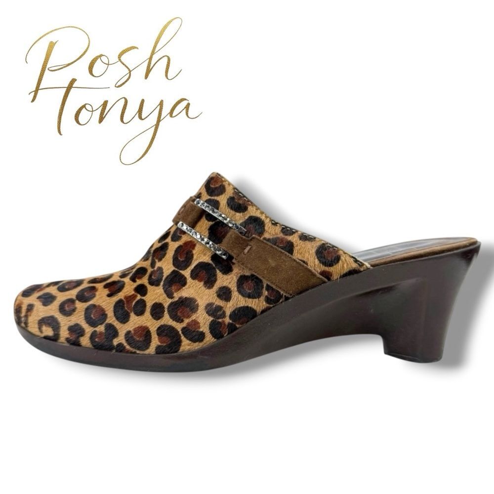 Harolds Wendy Leather Leopard Haircalf Mules Womens Size 5.5